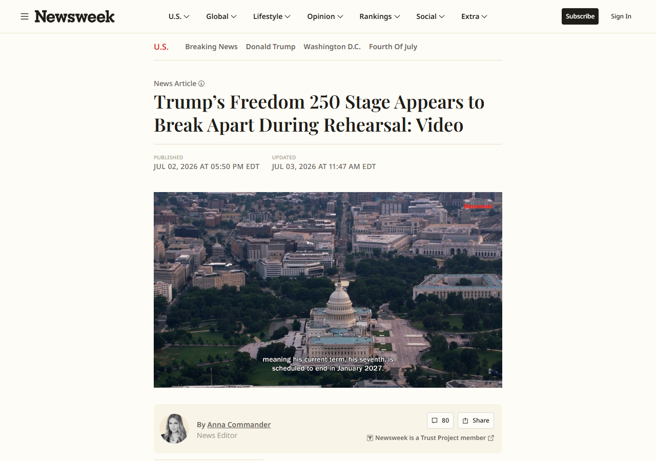 Newsweek article headline reading Trump's Freedom 250 Stage Appears to Break Apart During Rehearsal: Video, with an aerial photo of the National Mall and Capitol