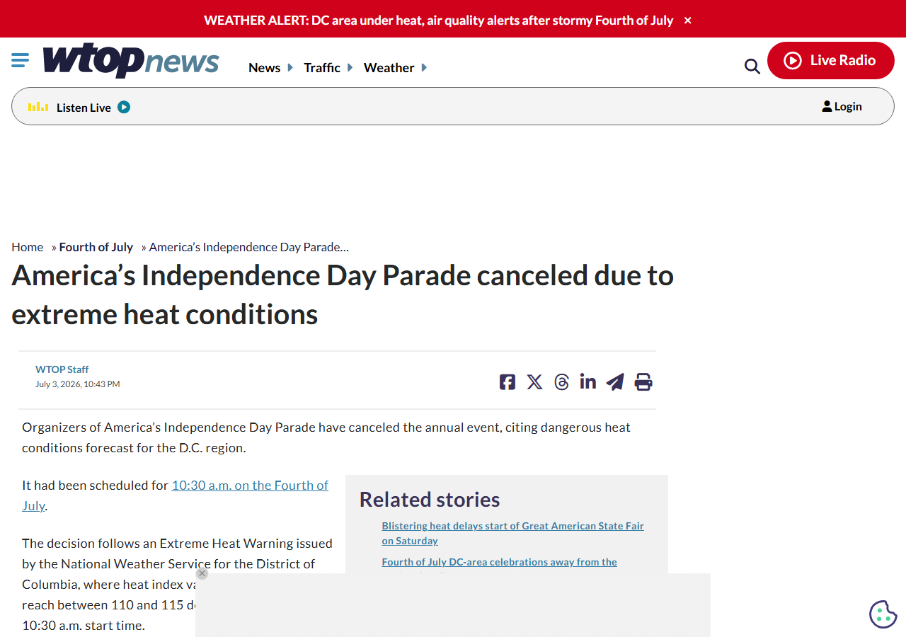 WTOP News article headline reading America's Independence Day Parade canceled due to extreme heat conditions, with a red weather alert banner across the top of the page