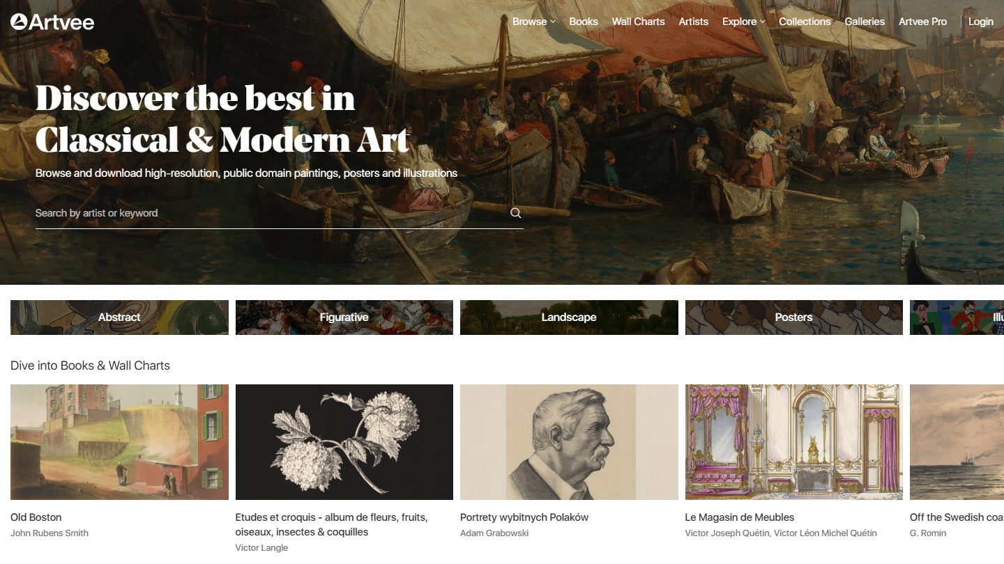 Artvee &mdash; The Free Public-Domain Art Search Engine That Aggregates High-Resolution Downloads from 40+ Museums Worldwide, Including the Rijksmuseum, the Art Institute of Chicago, and the New York Public Library, Browsable by Movement or Artist