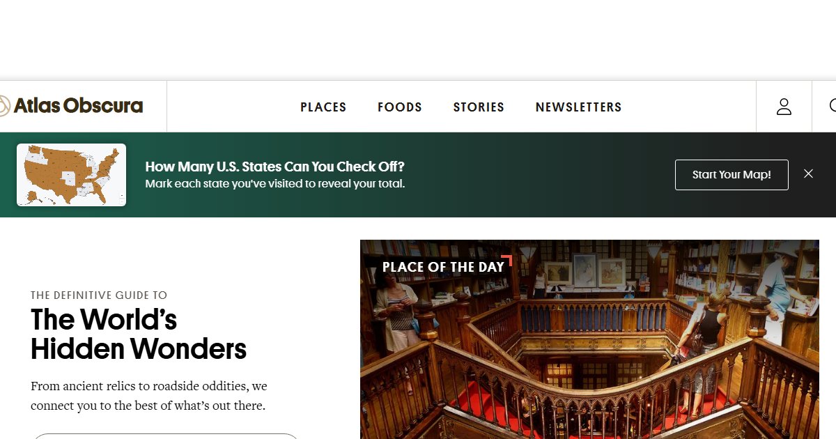 Atlas Obscura website homepage showing hidden wonders and place discovery interface