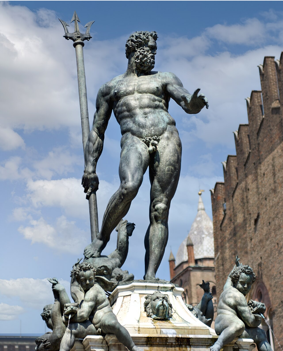 Wikipedia's Fountain of Neptune, Bologna article showing a photo of the bronze Neptune statue atop its marble fountain base in Piazza del Nettuno