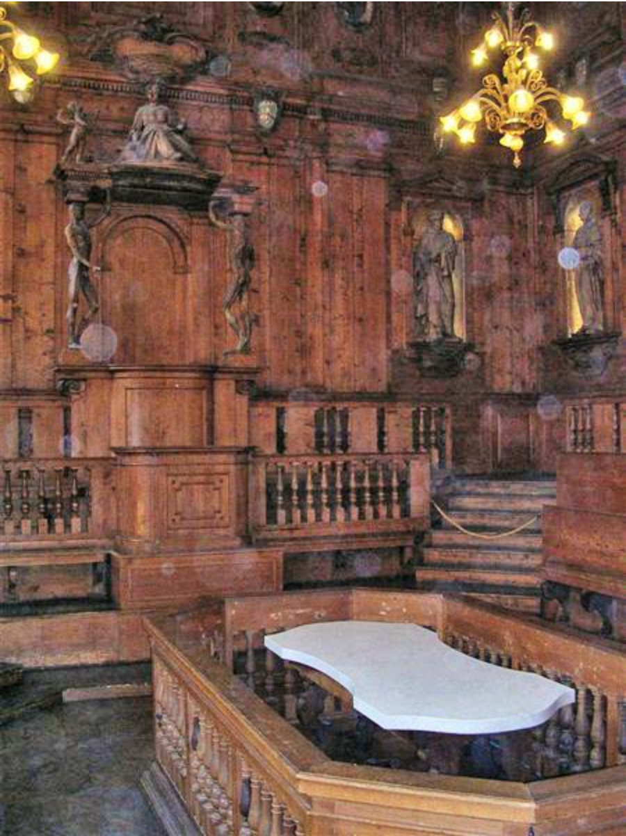 Wikipedia's Archiginnasio of Bologna article showing a photo of the wood-paneled Anatomical Theatre with its carved ceiling and statues