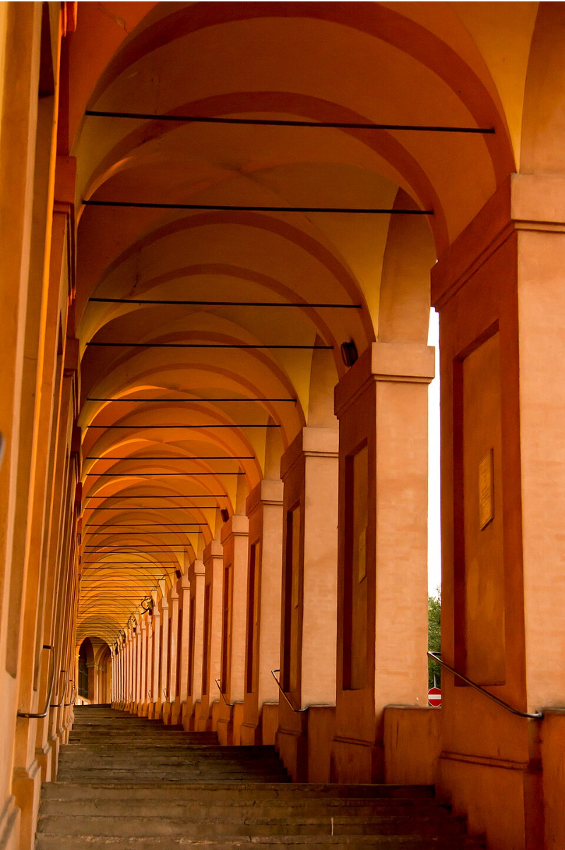 Wikipedia's Porticoes of Bologna article showing a photo of the Portico di San Luca's covered arcade climbing the hillside toward the sanctuary