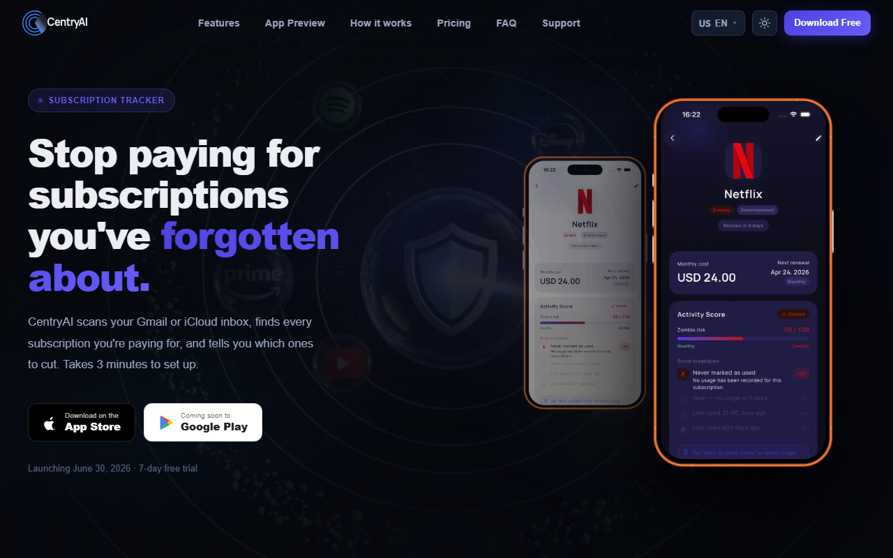 CentryAI Reads Your Inbox and Finds Every Subscription You&rsquo;ve Forgotten About &mdash; No Bank Linking, No Manual Entry, a &ldquo;Zombie Subscription&rdquo; Score, and a One-Tap Cancel Finder