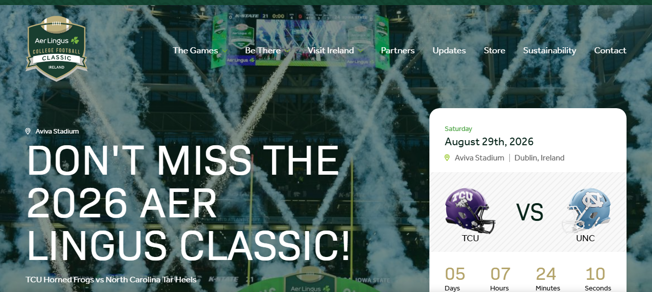 The official 2026 Aer Lingus College Football Classic website homepage, showing a countdown clock and the TCU vs UNC matchup at Aviva Stadium, Dublin