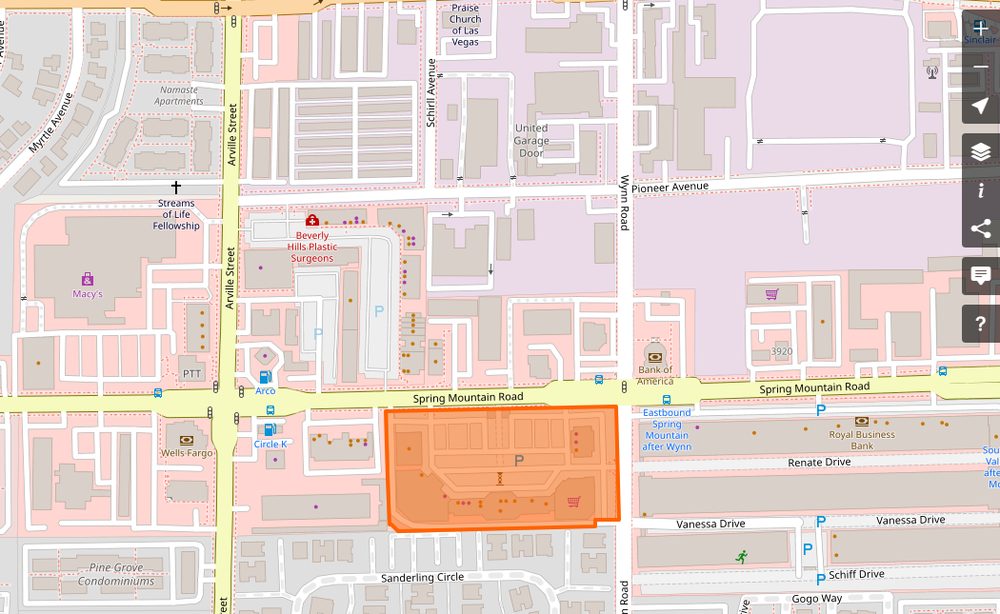An OpenStreetMap view of Chinatown Plaza's footprint directly on Spring Mountain Road in Las Vegas, with the plaza highlighted