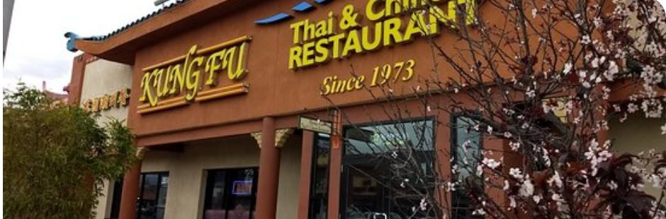 The storefront sign for Kung Fu Thai and Chinese Restaurant, reading Since 1973, near Spring Mountain Road in Las Vegas