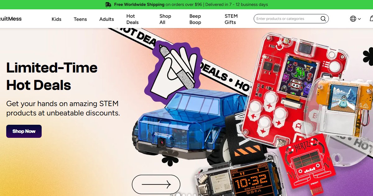CircuitMess homepage showing open-hardware DIY electronics kits with product lineup including watches, phones, and communicators