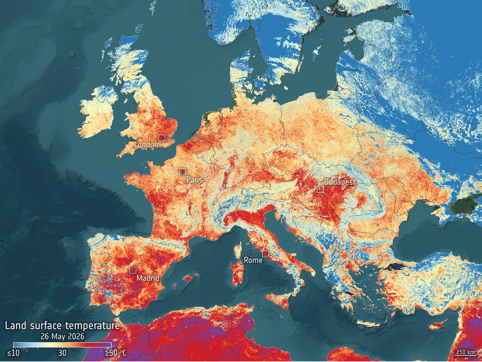 Copernicus Sentinel-3 satellite land surface temperature map of Europe showing extreme heat across the UK, France, Spain, and Italy, with Rome labeled