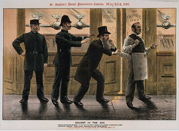 Wikipedia's Pickpocketing article showing an 1890 illustration of policemen apprehending a pickpocket caught in the act at a hotel entrance
