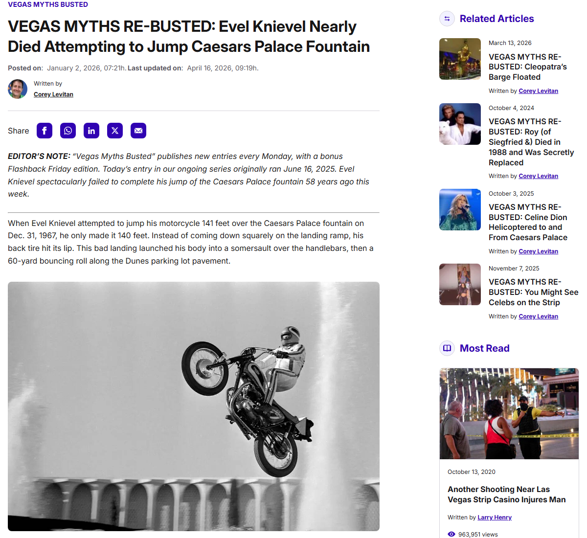 Casino.org article with a black-and-white photo of Evel Knievel's motorcycle mid-crash after the December 31, 1967 Caesars Palace fountain jump