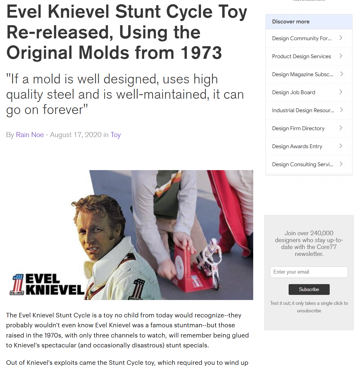Core77 article showing the original 1973 Evel Knievel Stunt Cycle toy, with the wind-up launcher and toy motorcycle