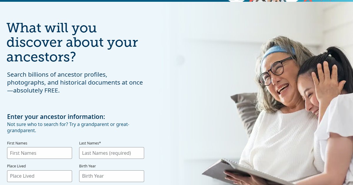 FamilySearch website showing genealogy search interface and family tree builder