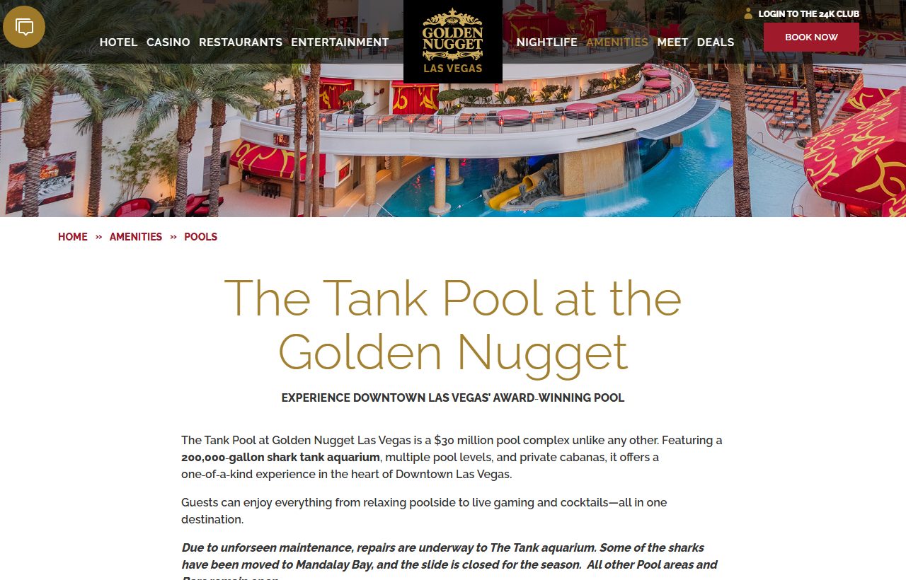 The Golden Nugget's own webpage for its Tank Pool, describing a $30 million pool complex with a 200,000-gallon shark tank aquarium, alongside an aerial photo of the multi-level pool and a yellow enclosed slide