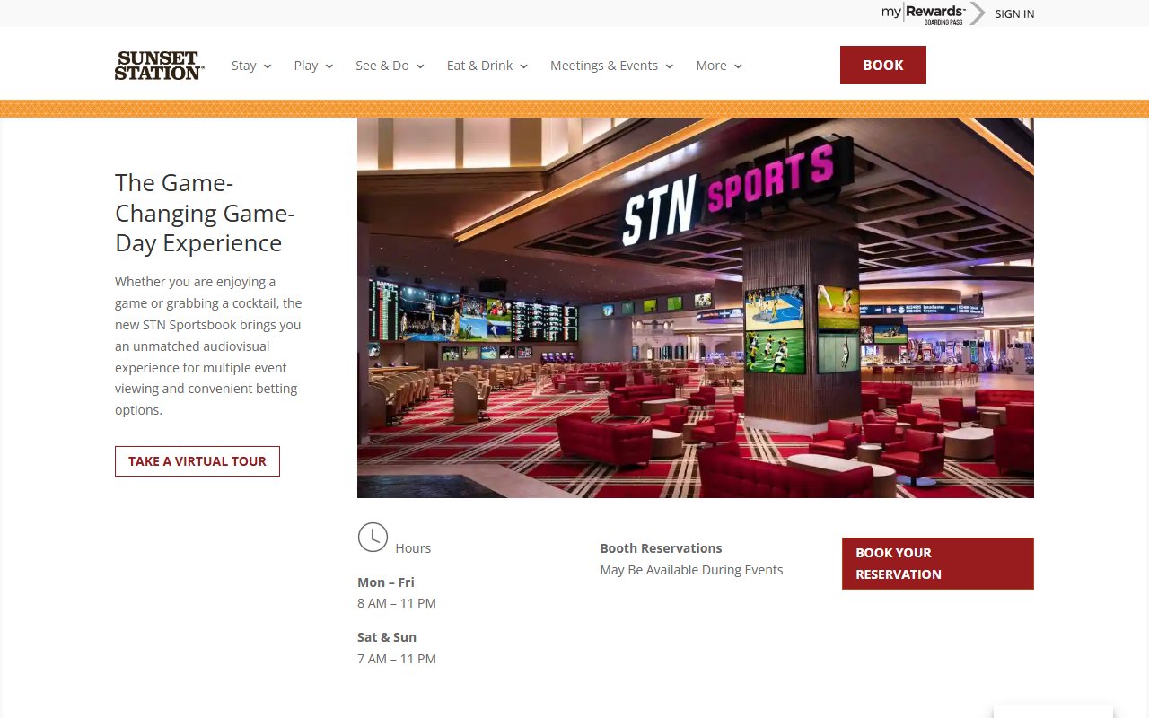 Sunset Station Hotel & Casino's own STN Sportsbook webpage, showing a real interior photo of its sportsbook lounge with a lit STN Sports sign, video walls, and rows of red leather seating