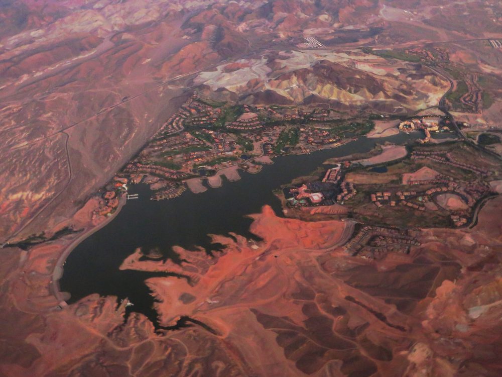 Aerial view of Lake Las Vegas in Henderson, Nevada, showing the reservoir surrounded by resort development amid red desert terrain