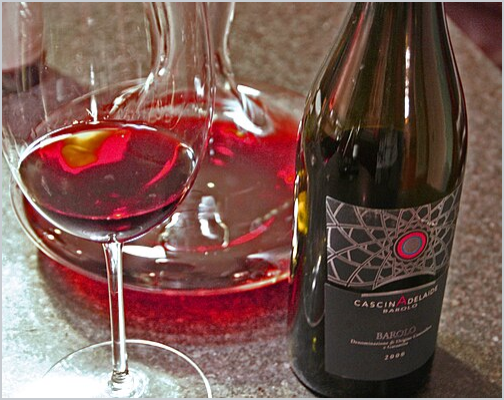 Wikipedia's Barolo (wine) article showing a photo of a glass of Barolo beside a decanter and an unopened bottle