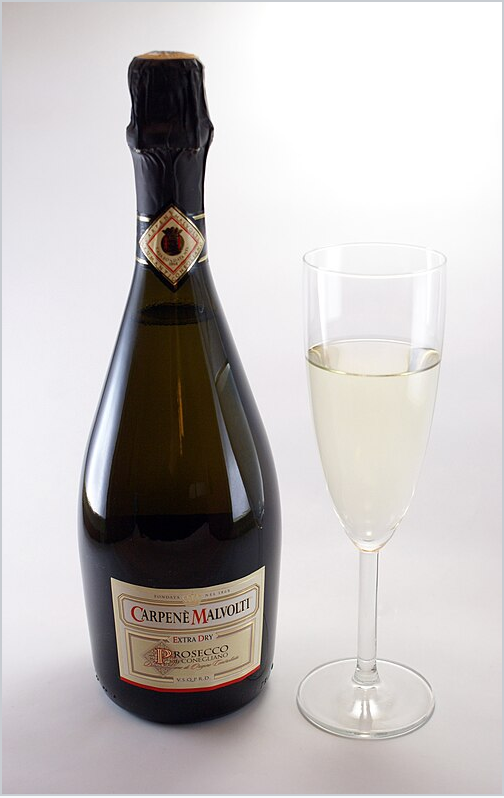 Wikipedia's Prosecco article showing a photo of a bottle and a full glass of Prosecco di Conegliano