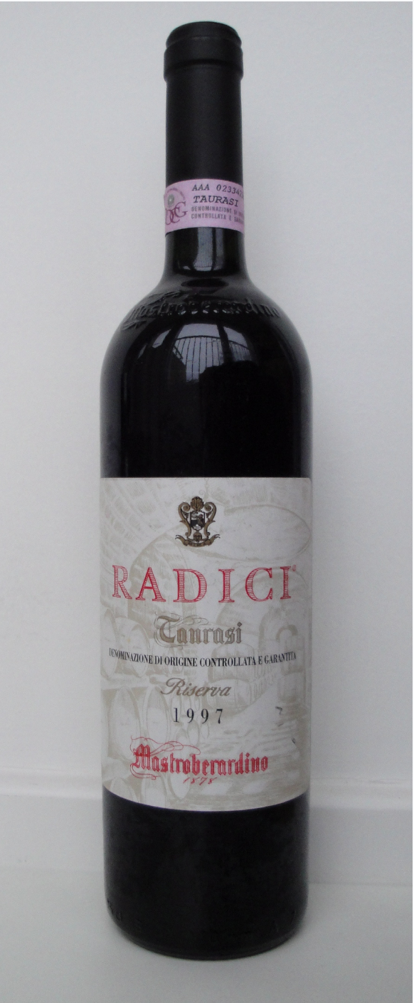 Wikipedia's Taurasi (wine) article showing a photo of a bottle of Taurasi Riserva DOCG red wine