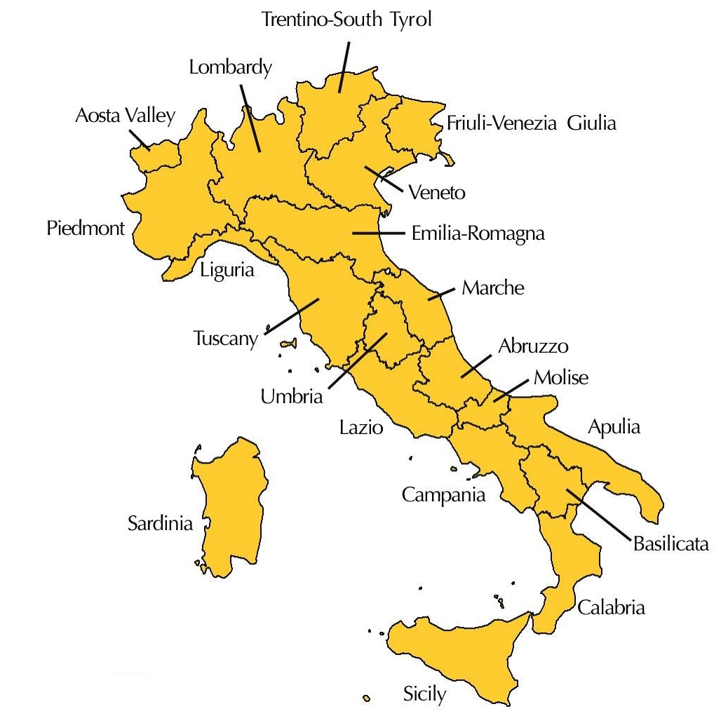Map of Italy's wine-producing regions, labeled from Piedmont and Aosta Valley in the northwest to Sicily and Sardinia in the south