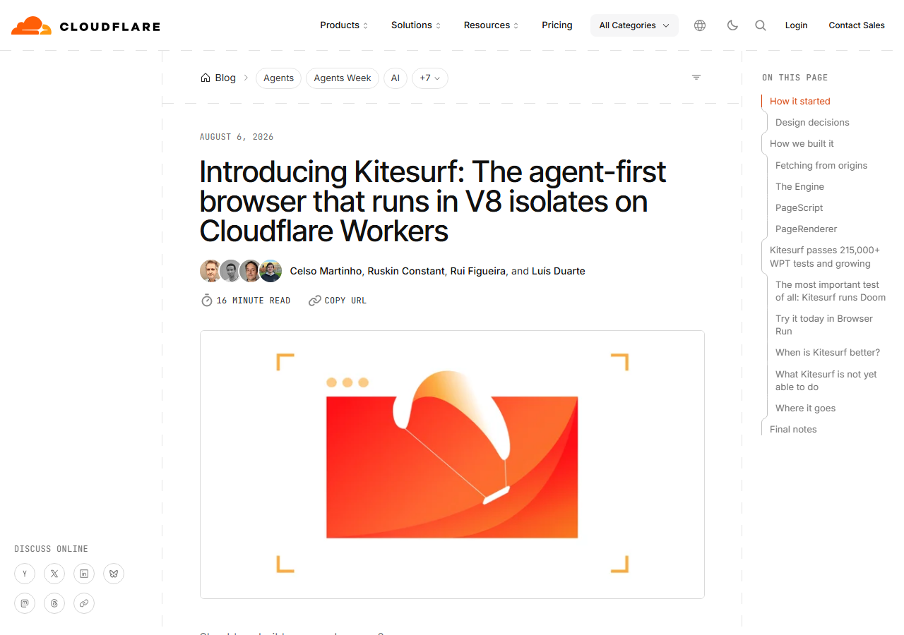 The header of Cloudflare's official blog post announcing Kitesurf, a new browser built for AI agents