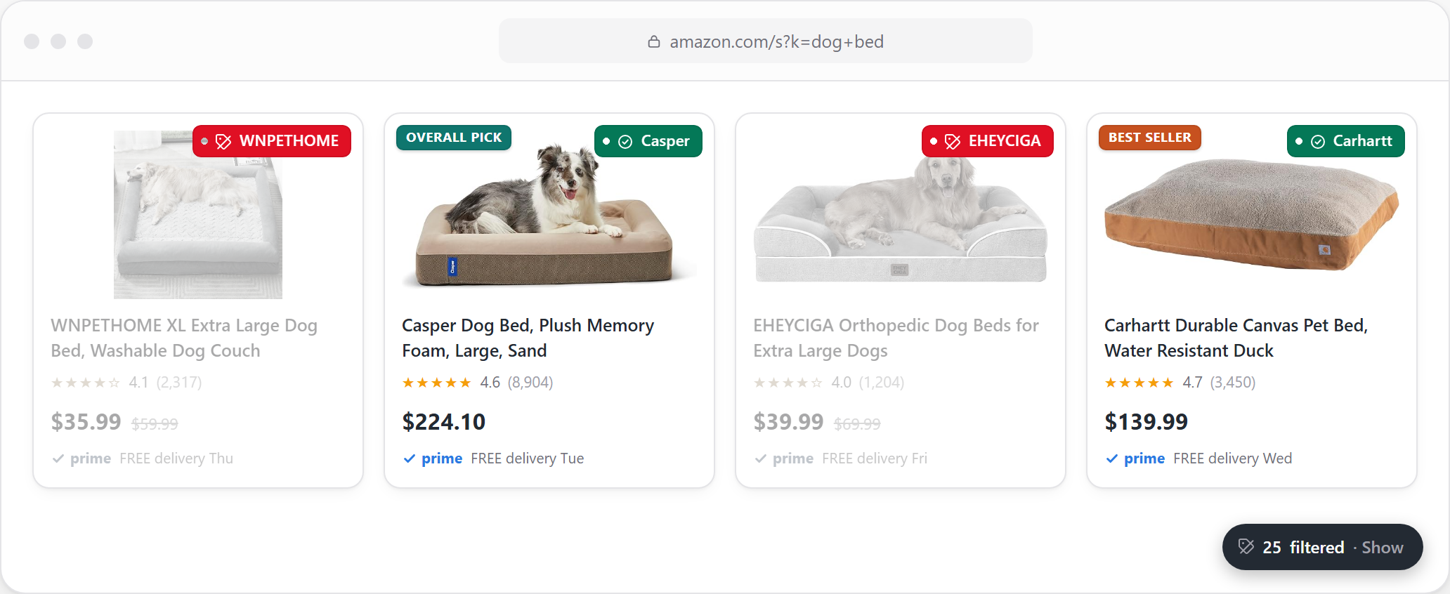 Knockoff's live homepage demo of a mock Amazon dog bed search, with pseudo-brand listings dimmed and flagged red and real-brand listings marked with a green verified chip