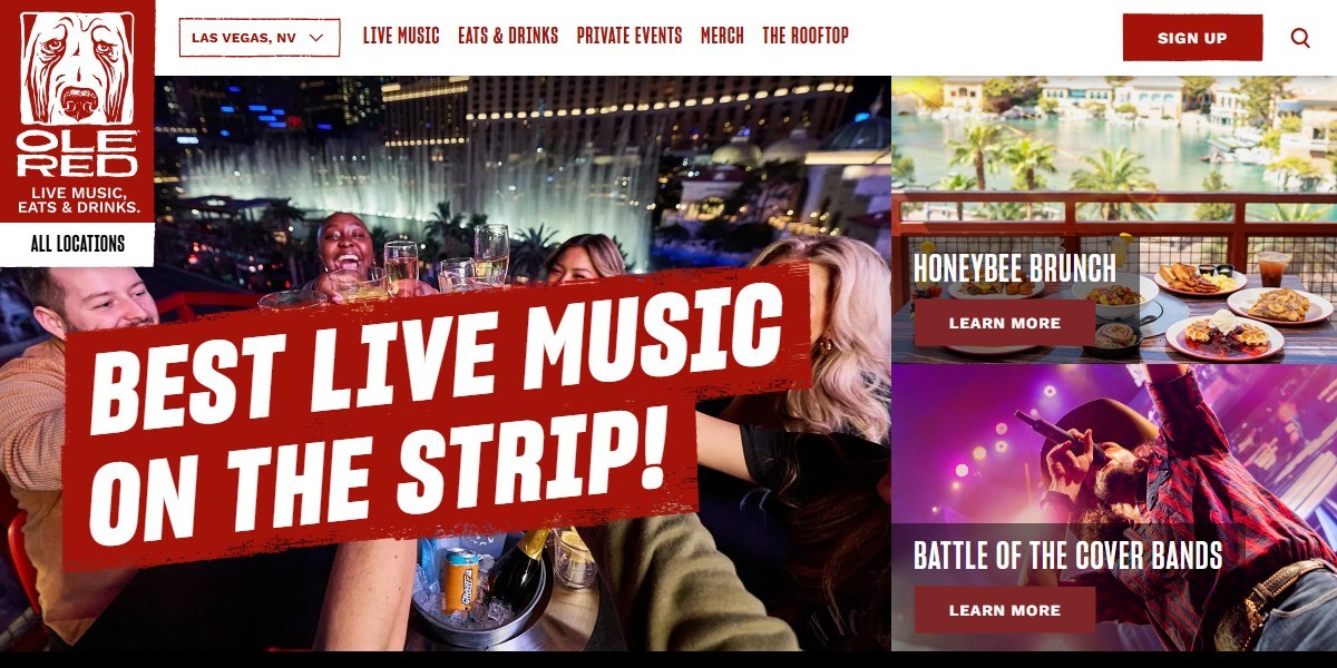 Ole Red Las Vegas's own homepage, showing a rooftop crowd toasting drinks over a nighttime Strip view under a banner reading 'Best Live Music on the Strip'
