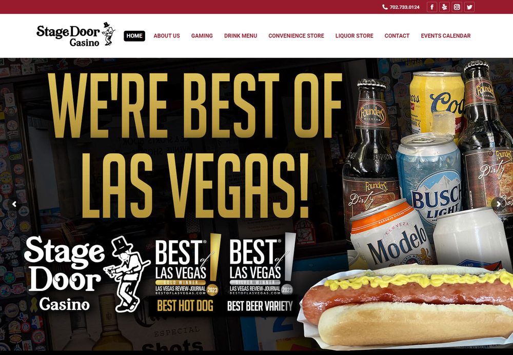 Stage Door Casino's own homepage, reading 'We're Best of Las Vegas!' beside a quarter-pound all-beef hot dog and a stack of cheap beer bottles and cans