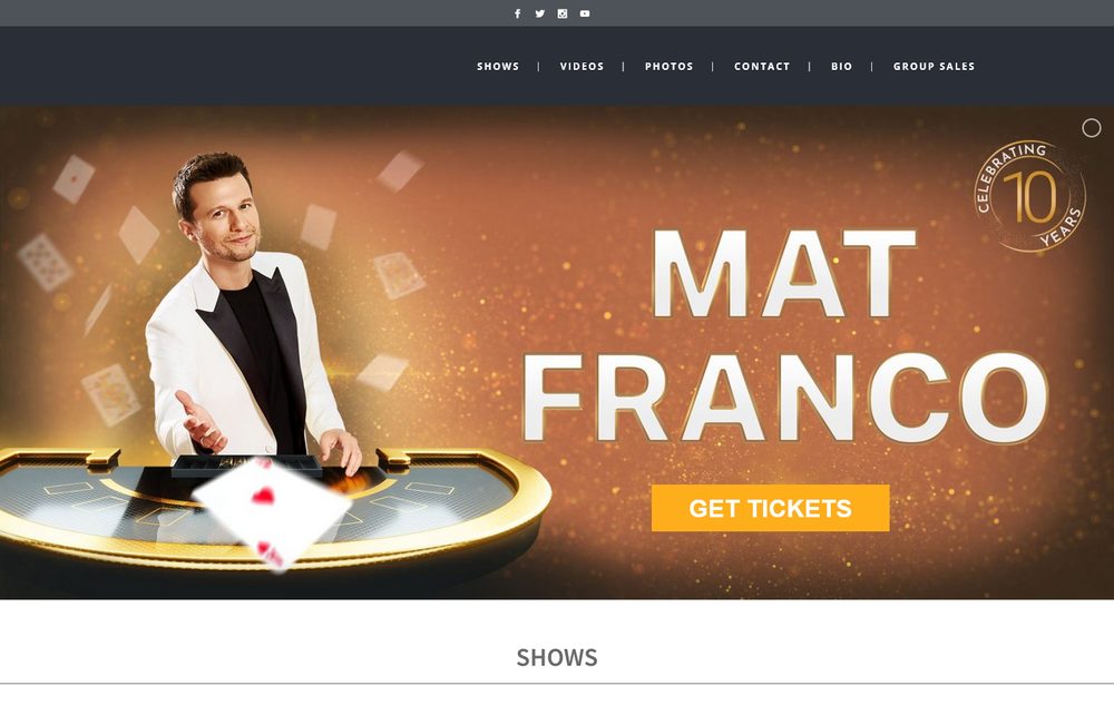 Mat Franco's own official website hero, showing him in a white blazer tossing playing cards over a card table, with a badge reading Celebrating 10 Years