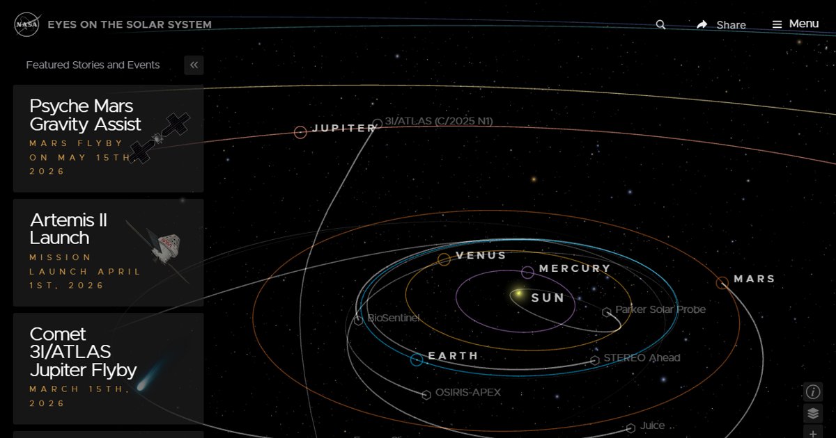 NASA Eyes on the Solar System 3D view showing planets in orbit and active spacecraft