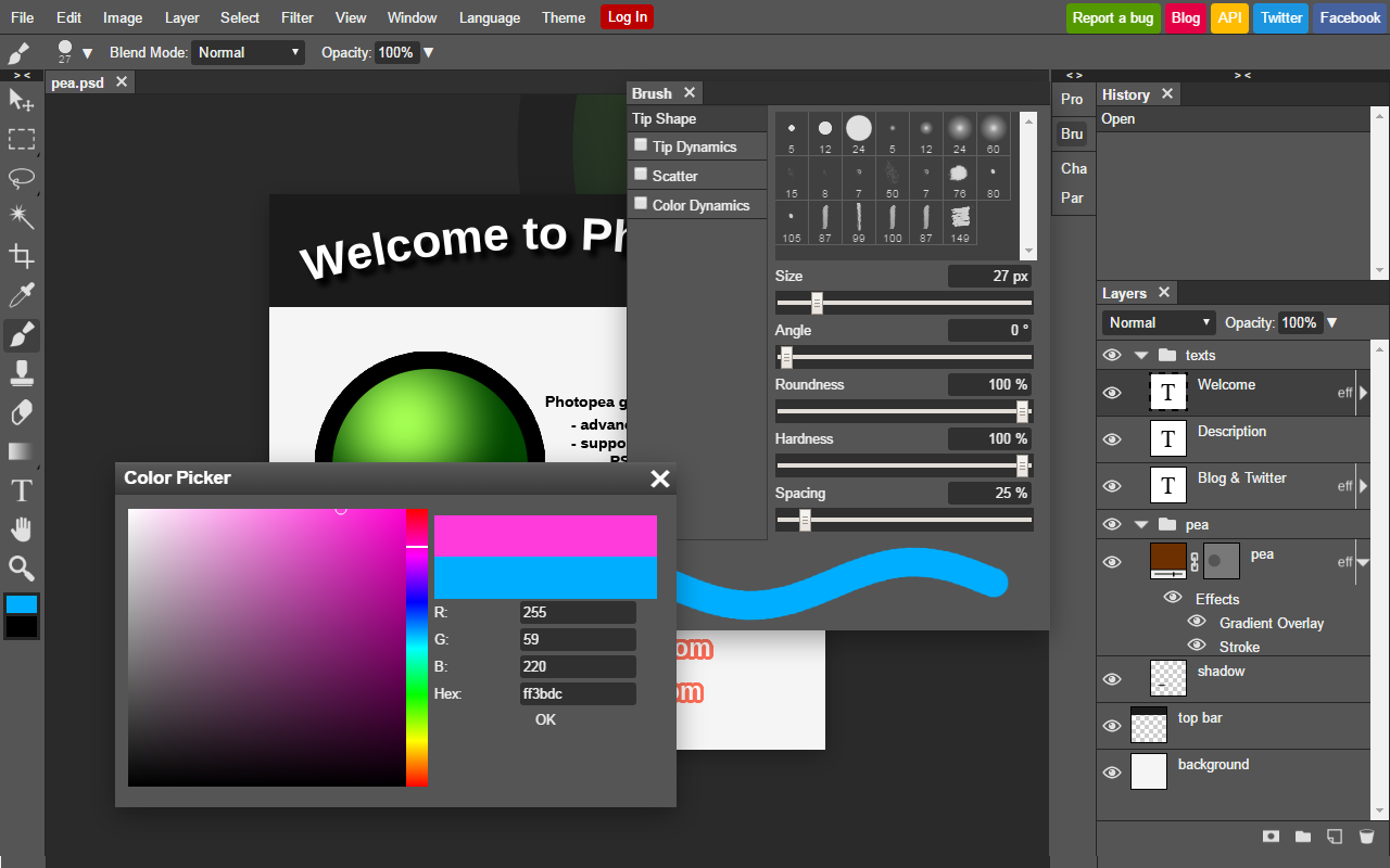 Photopea editor interface — browser-based Photoshop clone