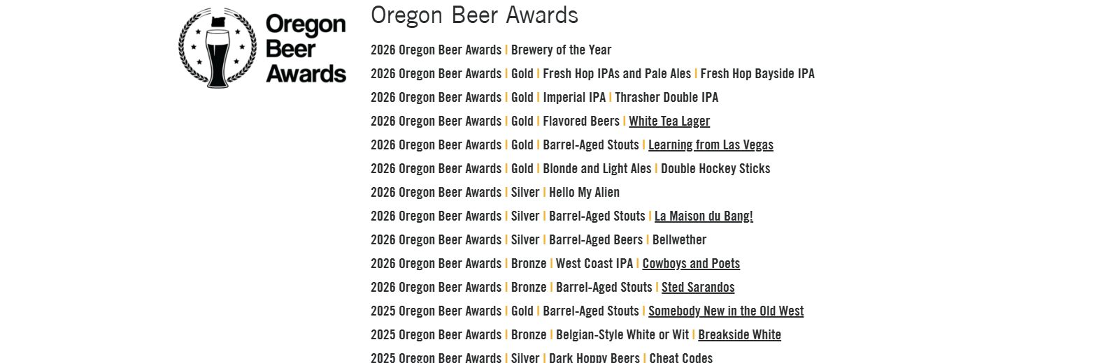 Breakside Brewery's own awards page, showing a header reading Oregon Beer Awards next to a listing for 2026 Oregon Beer Awards, Brewery of the Year