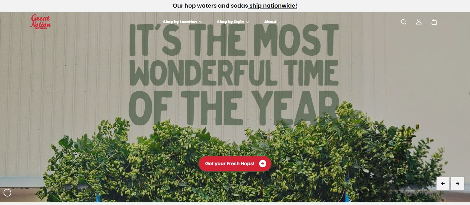 Great Notion Brewing's own homepage, showing a hop bine growing against a warehouse wall painted with the words It's the Most Wonderful Time of the Year