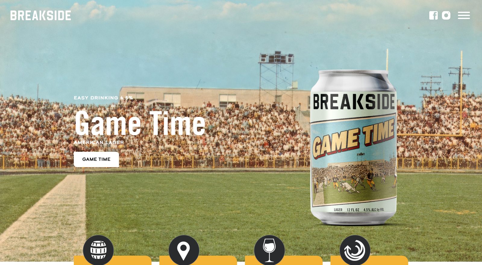 Breakside Brewery's own homepage, showing a can of its Game Time American Lager superimposed over a vintage photo of a packed football stadium