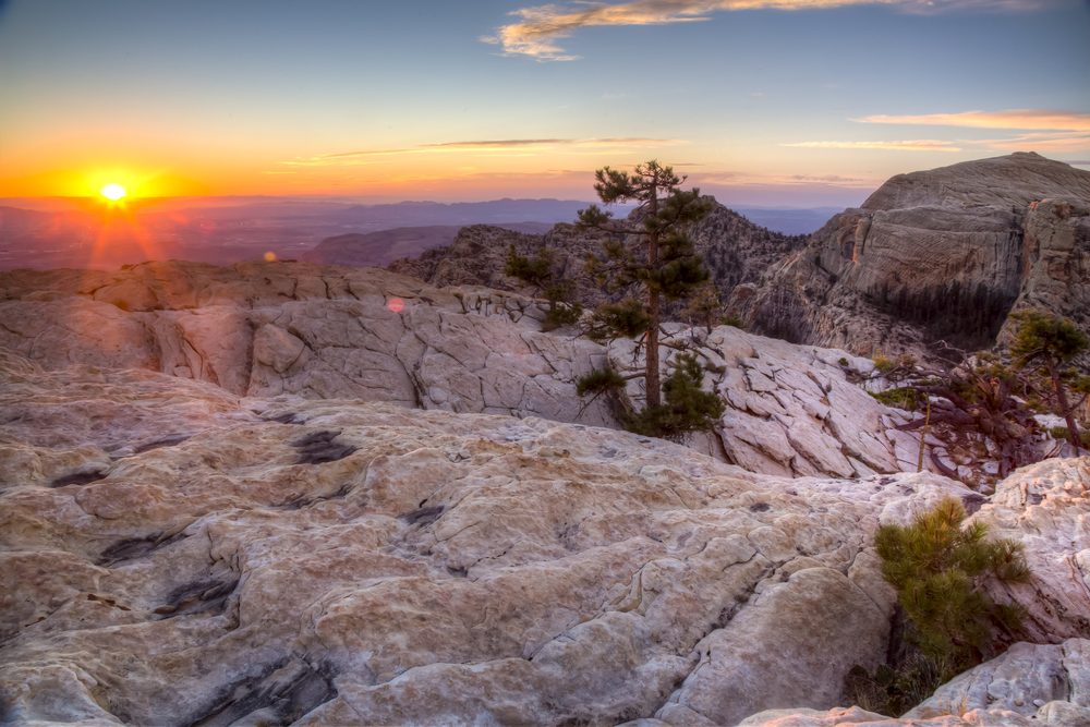 Sunset over sandstone outcrops along the Scenic Drive at Red Rock Canyon National Conservation Area near Las Vegas