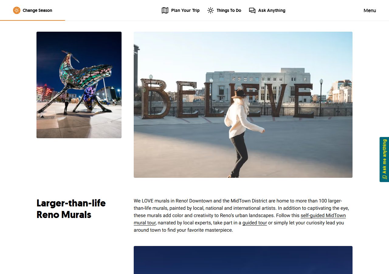 Two real photos of City Plaza's Burning Man sculptures in downtown Reno: the illuminated stained-glass Space Whale sculpture at night, and a woman standing among the giant steel letters of the BELIEVE sculpture in daylight