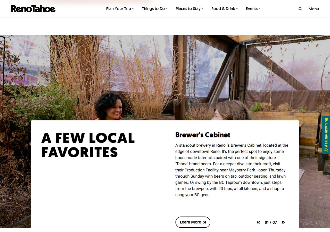 A screenshot of Reno-Tahoe's own tourism site showing its 'A Few Local Favorites' brewery guide, featuring a photo of Brewer's Cabinet's outdoor patio in downtown Reno