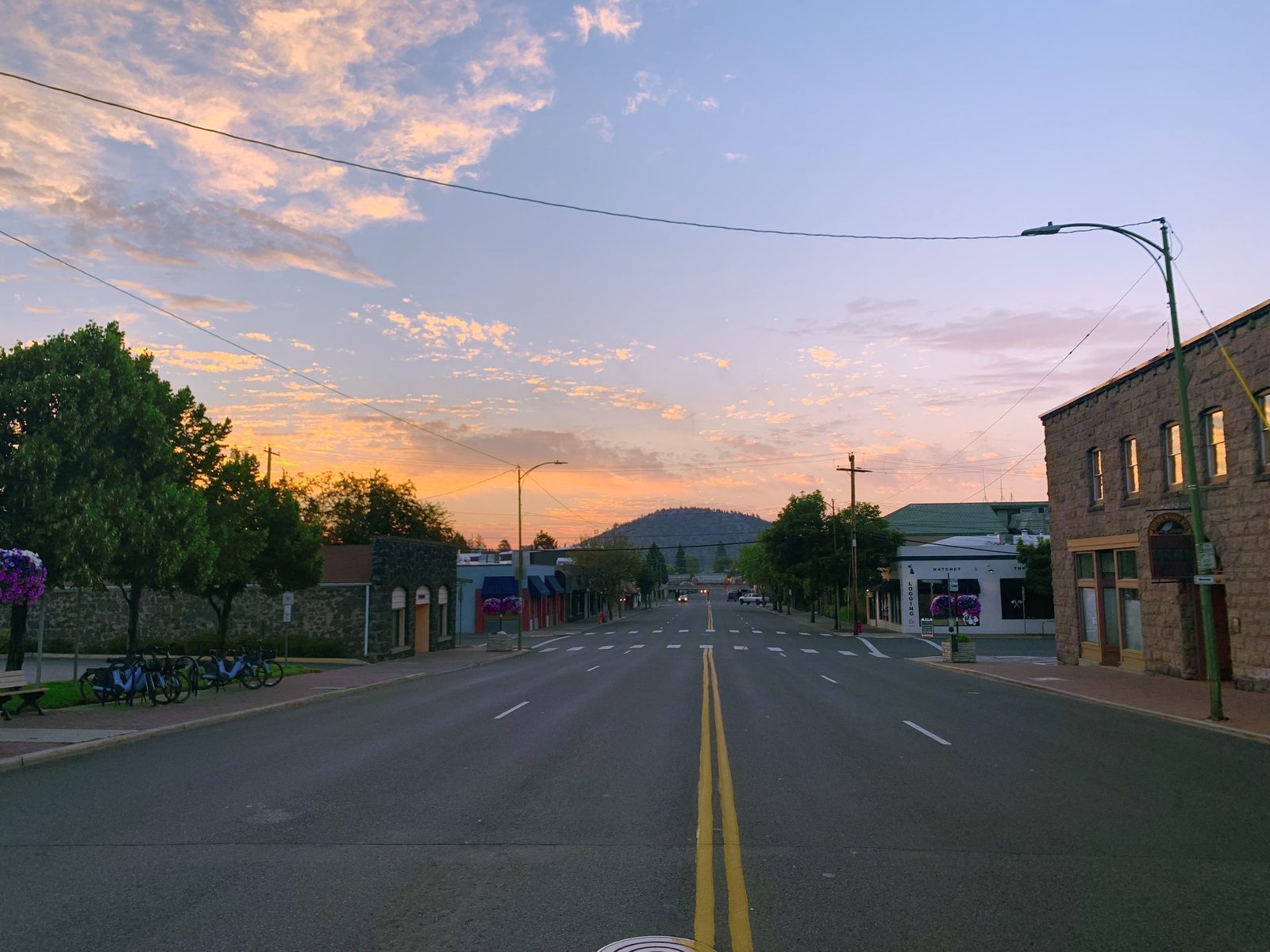 Downtown Bend, Oregon, with a view of Pilot Butte, an extinct volcanic cinder cone rising within the city limits