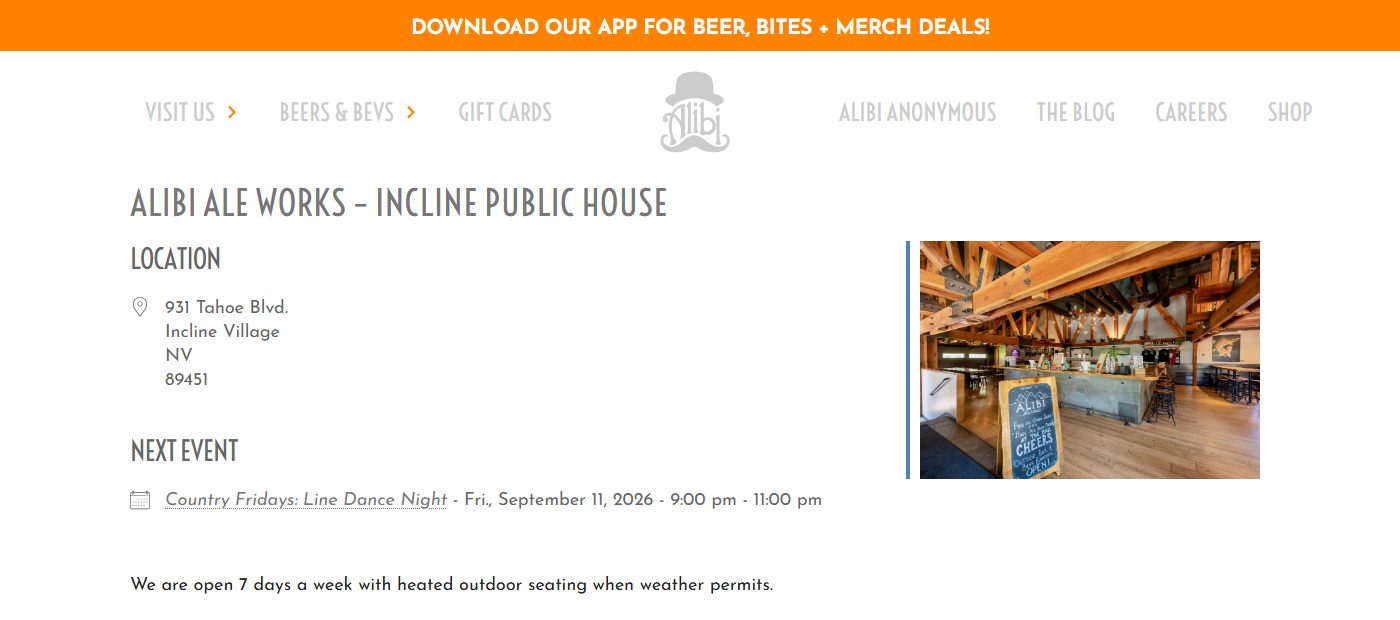 A real screenshot of Alibi Ale Works' own website showing its Incline Village Public House location page, with an address of 931 Tahoe Boulevard and a photo of the taproom's exposed wood-beam interior