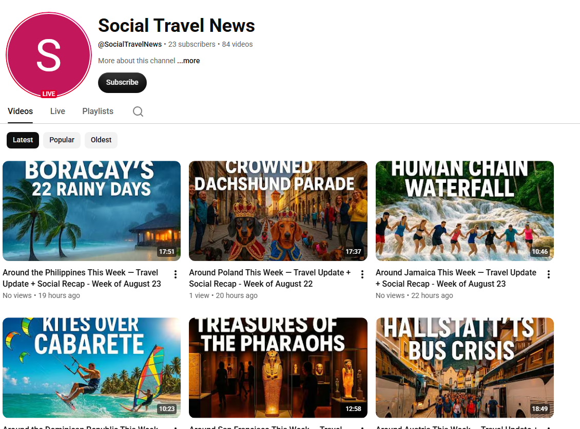 Social Travel News' YouTube channel page, showing a grid of weekly episode thumbnails for different destinations