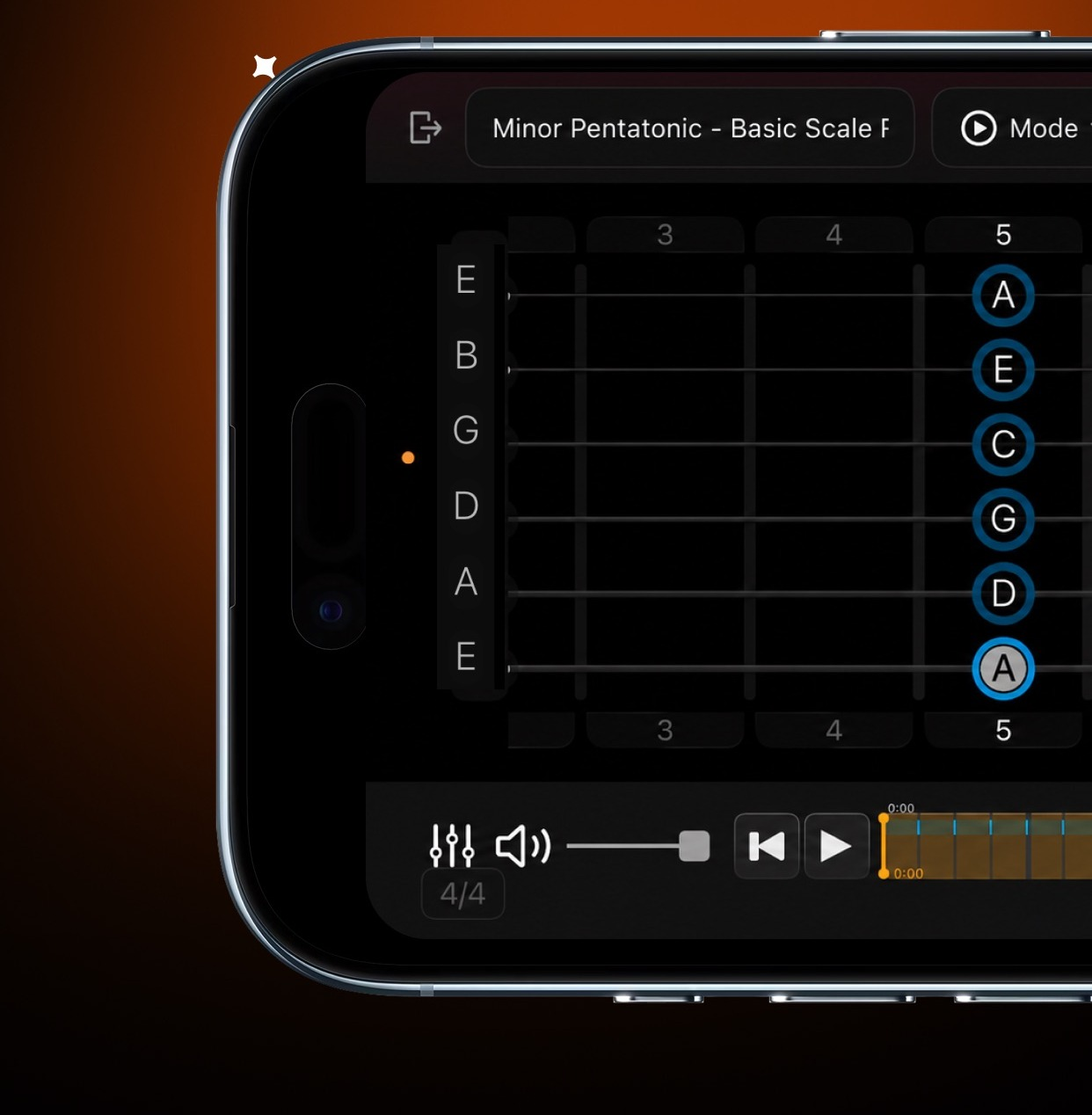 SoundGate Guitar's interactive fretboard interface on an iPhone, showing a Minor Pentatonic scale with note names circled in blue on strings E, B, G, D, A, E at frets 3 through 5, plus a mode selector and transport playback controls