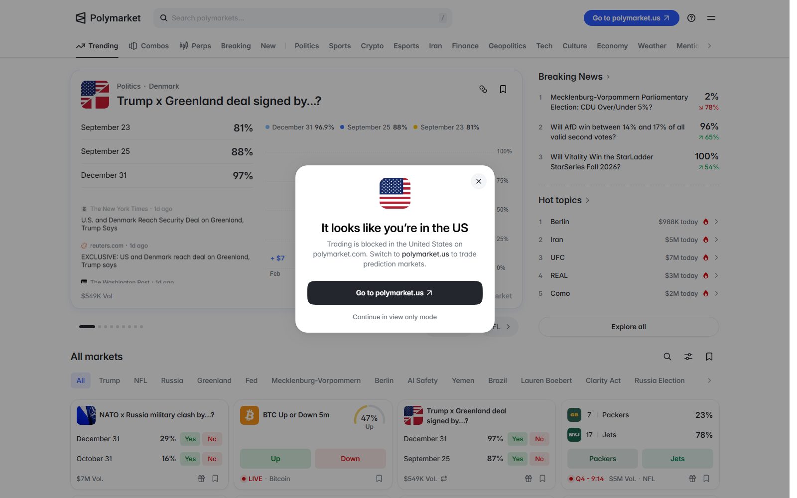 Polymarket's own website displaying a pop-up reading 'It looks like you're in the US,' explaining that trading is blocked on polymarket.com in the United States and directing users to the separate polymarket.us app