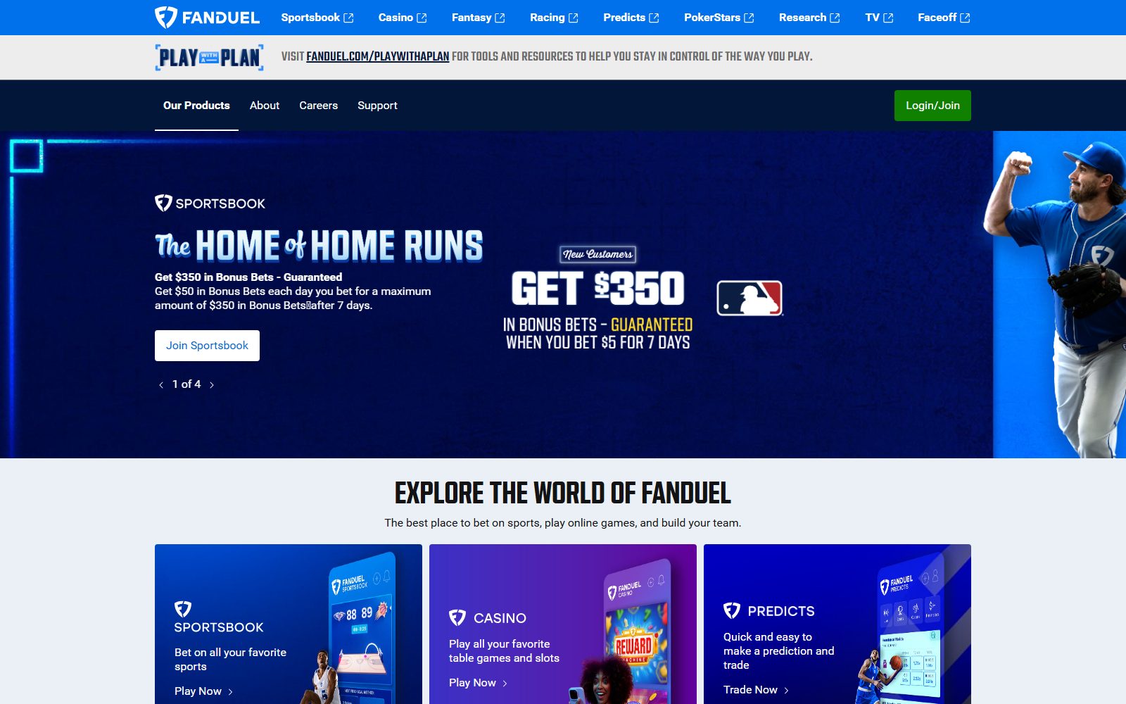 FanDuel's own homepage, showing navigation tabs for Sportsbook, Casino, Fantasy, Racing, and a dedicated Predicts tab alongside a baseball promotion
