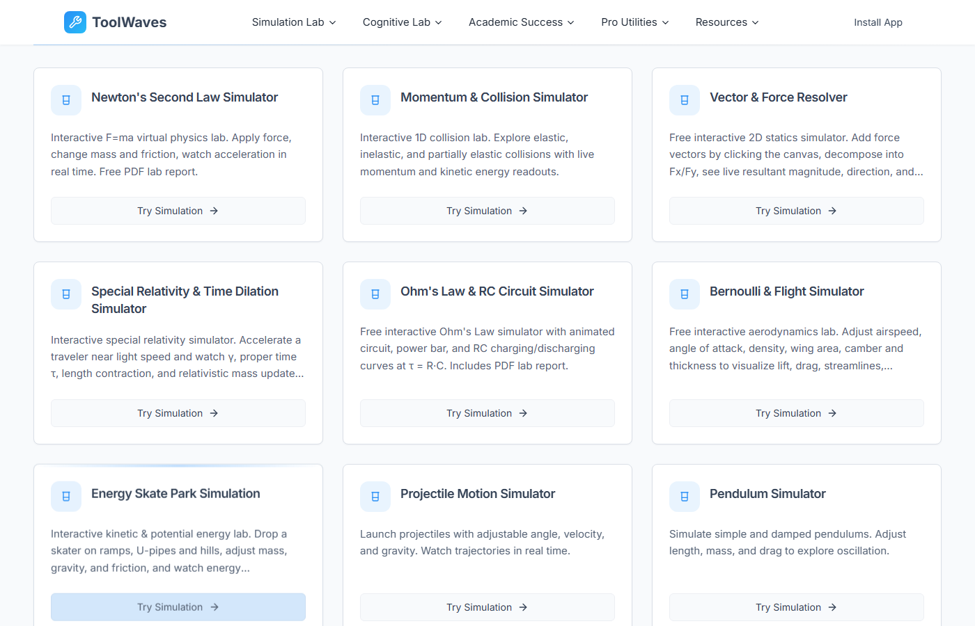 ToolWaves homepage showing 250+ advanced simulation modules and the Engineering, Science, and Biology & Math category cards
