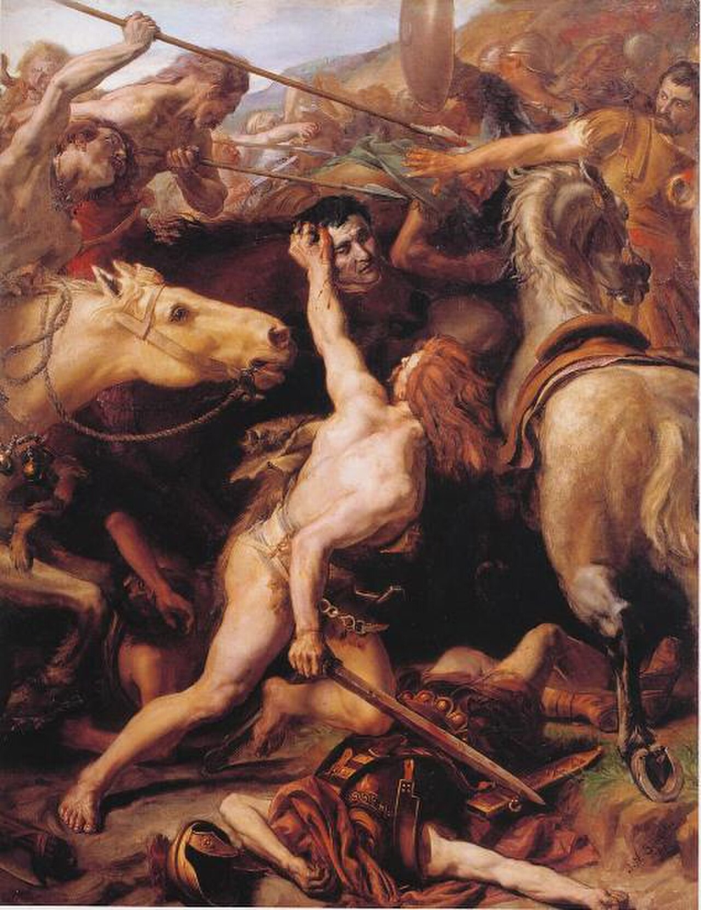 Wikipedia's Battle of Lake Trasimene article showing an 1882 painting of Ducarius beheading the Roman consul Flaminius during the battle