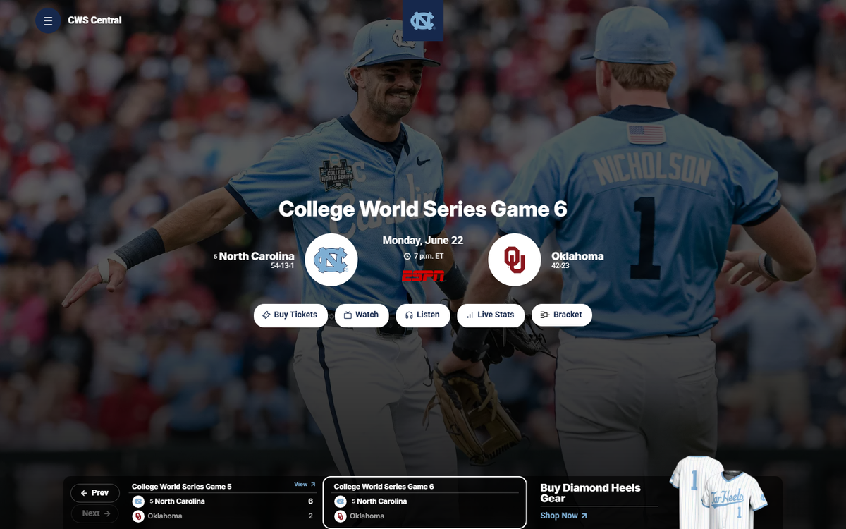 UNC Plays for Its First-Ever Baseball National Title Tonight in Omaha &mdash; Game 3 vs Oklahoma, 7 PM ET on ESPN