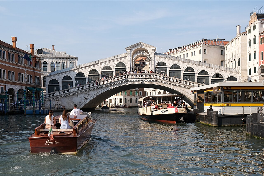 Wikipedia's Rialto Bridge article showing a photo of the stone bridge's single arched span crossing the Grand Canal, with gondolas passing beneath it